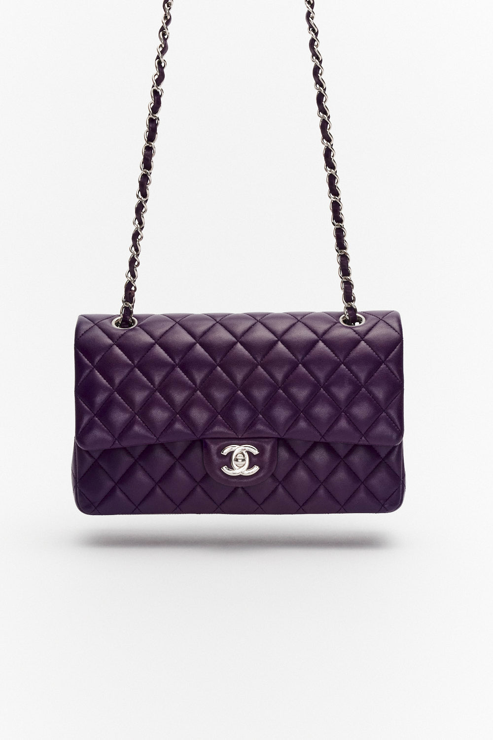 Chanel Medium Purple Classic Double Flap Bag in Lambskin Leather with Silver Hardware