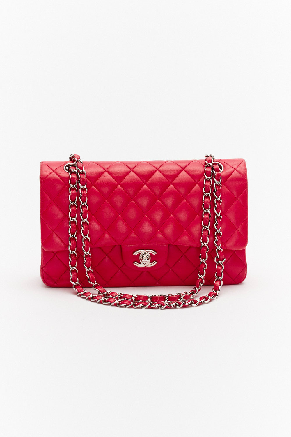 Chanel Medium Dark Pink Classic Double Flap Bag in Lambskin Leather with Silver Hardware