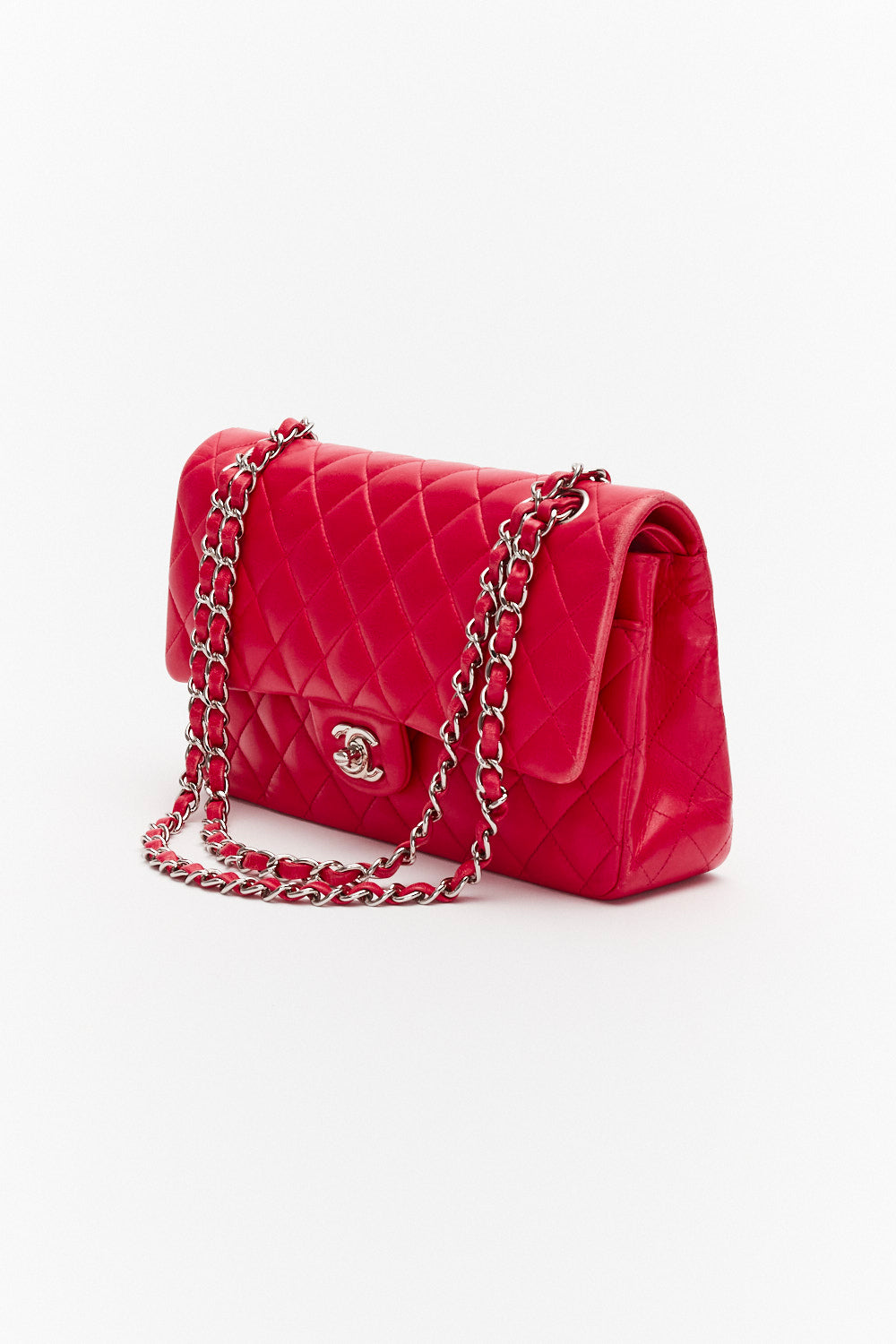 Chanel Medium Dark Pink Classic Double Flap Bag in Lambskin Leather with Silver Hardware