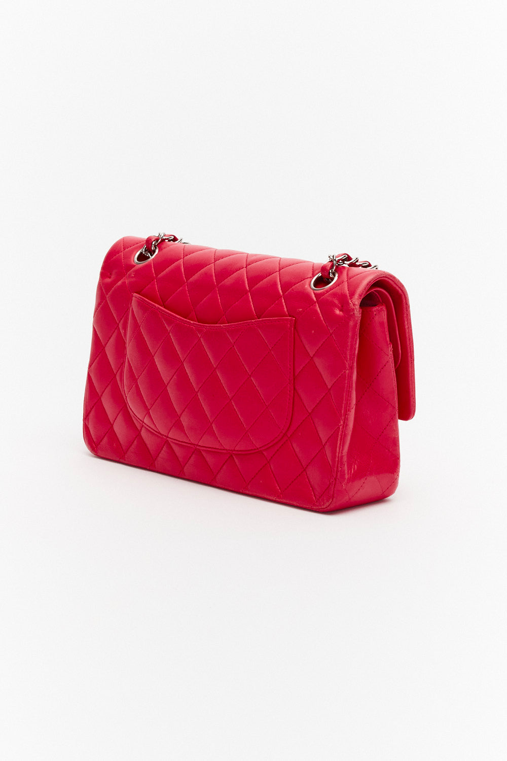 Chanel Medium Dark Pink Classic Double Flap Bag in Lambskin Leather with Silver Hardware