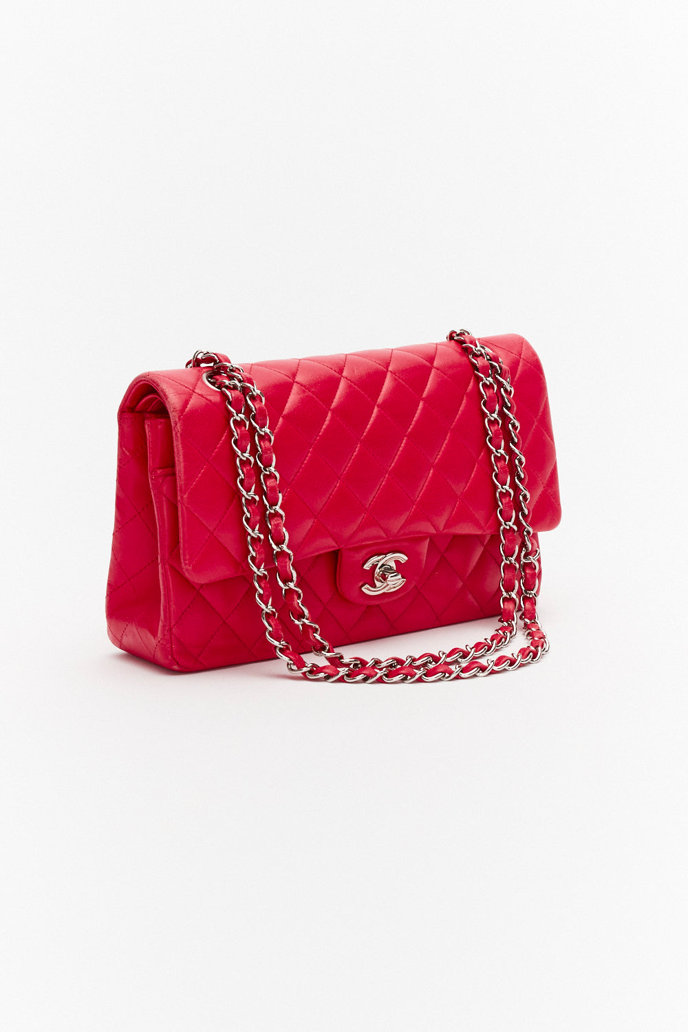 Chanel Medium Dark Pink Classic Double Flap Bag in Lambskin Leather with Silver Hardware