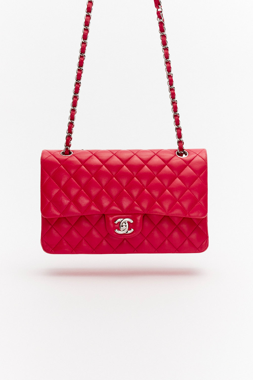 Chanel Medium Dark Pink Classic Double Flap Bag in Lambskin Leather with Silver Hardware