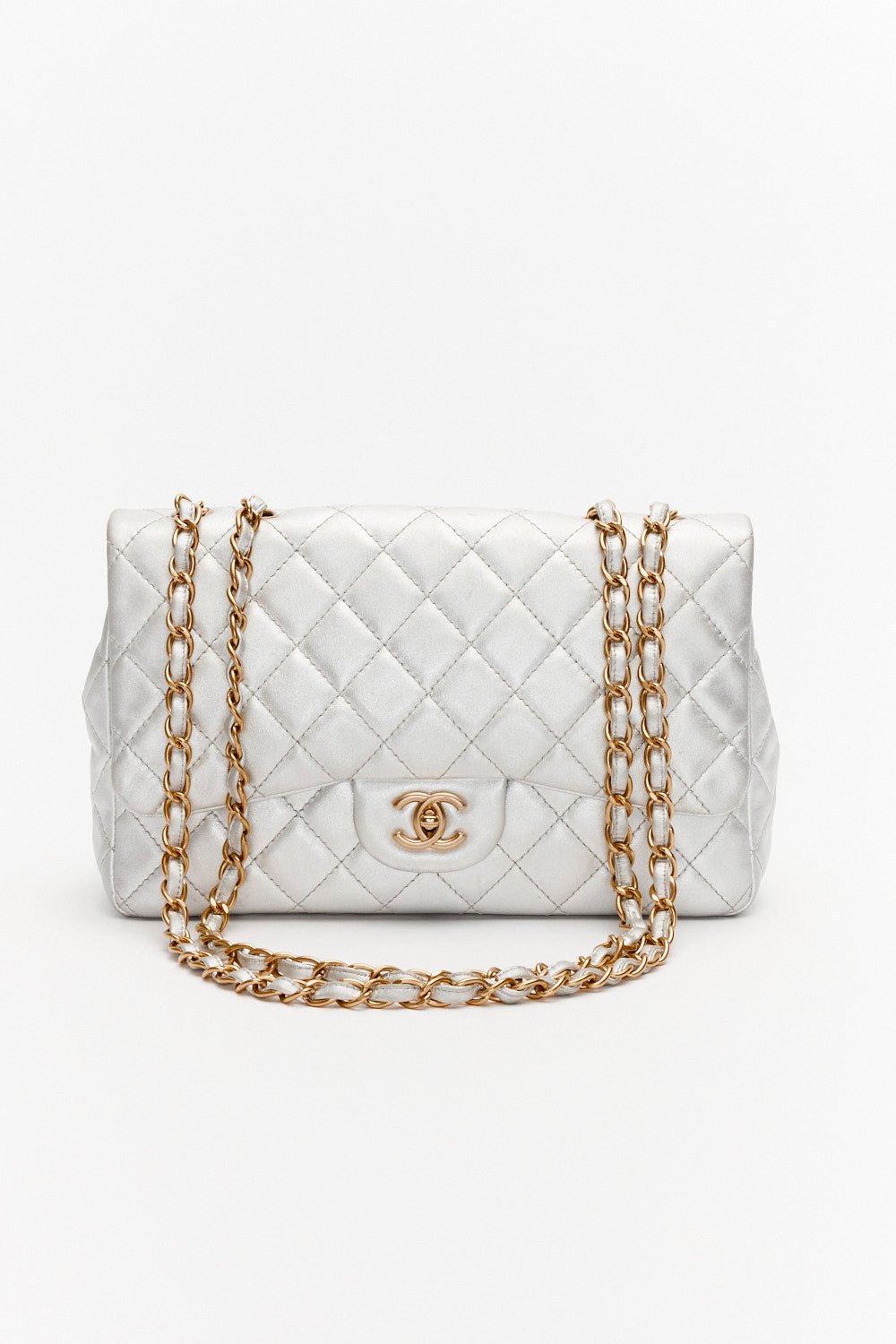 Chanel Jumbo Silver Classic Single Flap Bag Metallic Lambskin Leather with Gold Hardware