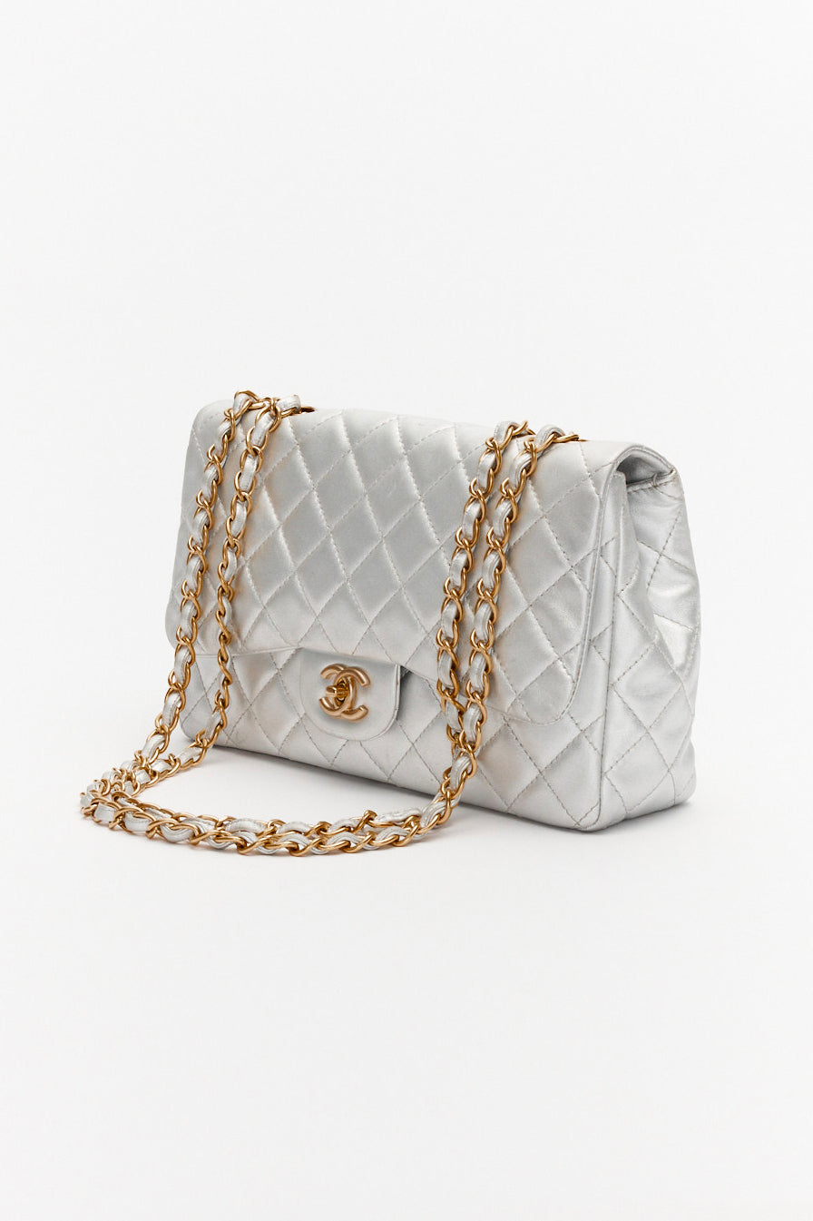 Chanel Jumbo Silver Classic Single Flap Bag Metallic Lambskin Leather with Gold Hardware