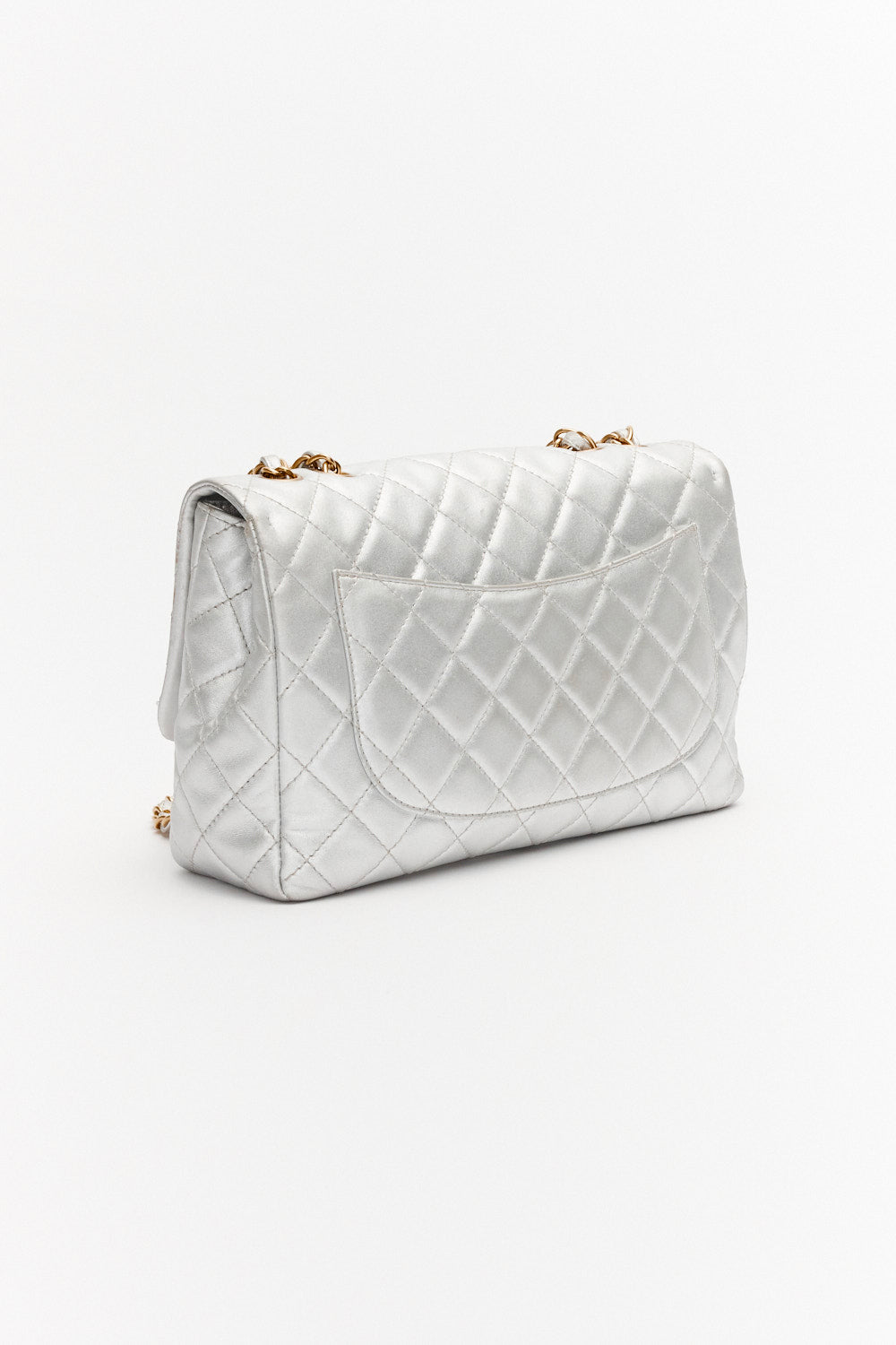 Chanel Jumbo Silver Classic Single Flap Bag Metallic Lambskin Leather with Gold Hardware