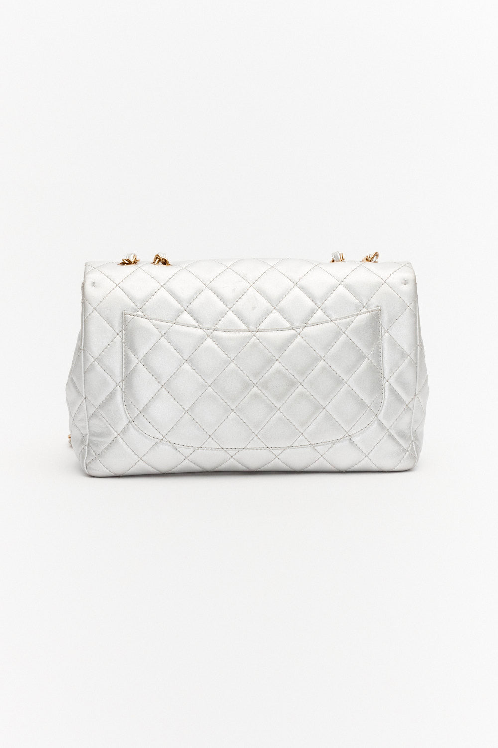 Chanel Jumbo Silver Classic Single Flap Bag Metallic Lambskin Leather with Gold Hardware