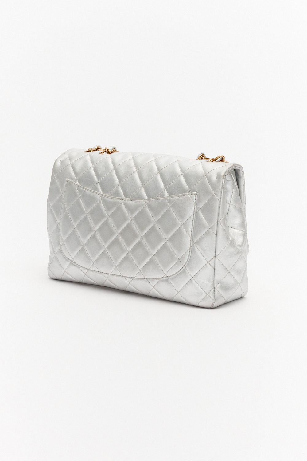 Chanel Jumbo Silver Classic Single Flap Bag Metallic Lambskin Leather with Gold Hardware