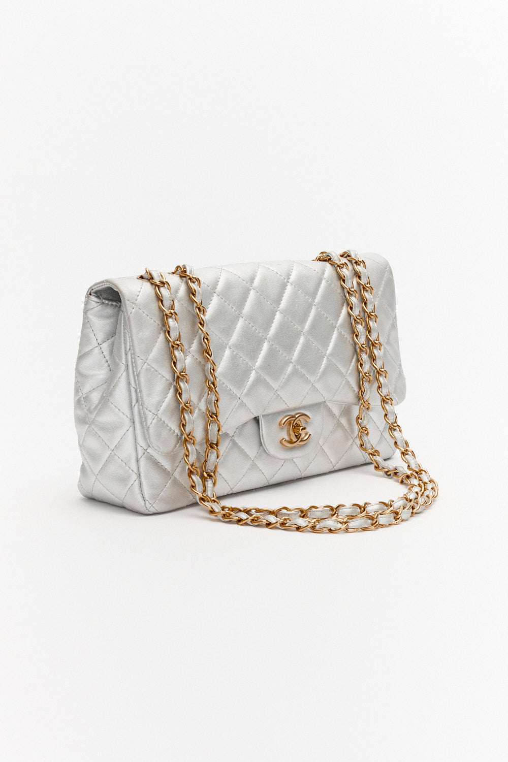 Chanel Jumbo Silver Classic Single Flap Bag Metallic Lambskin Leather with Gold Hardware