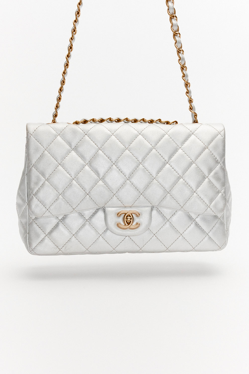 Chanel Jumbo Silver Classic Single Flap Bag Metallic Lambskin Leather with Gold Hardware