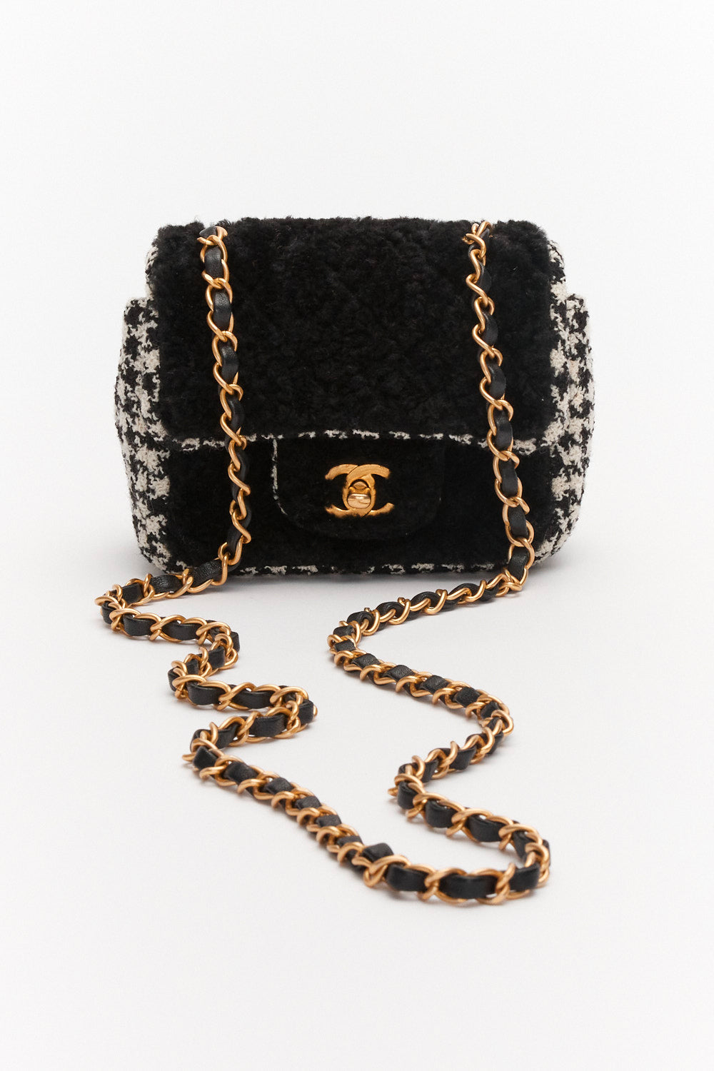 Chanel Mini Classic Single Flap Bag Square Black and White Tweed and Shearling Houndstooth with Antique Gold Hardware