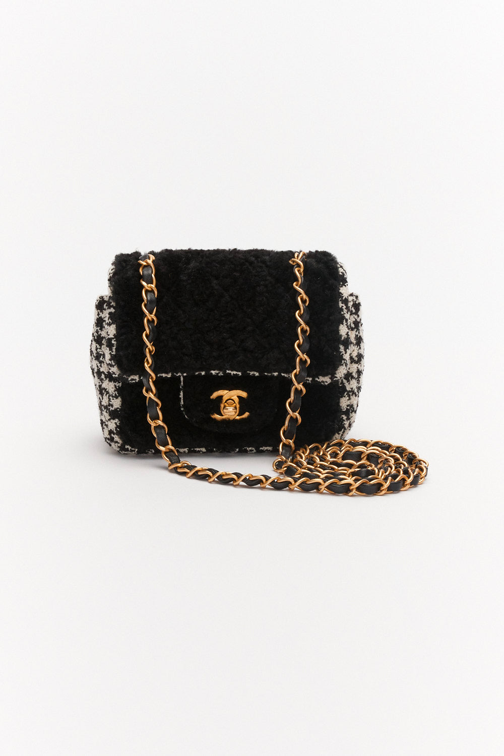 Chanel Mini Classic Single Flap Bag Square Black and White Tweed and Shearling Houndstooth with Antique Gold Hardware