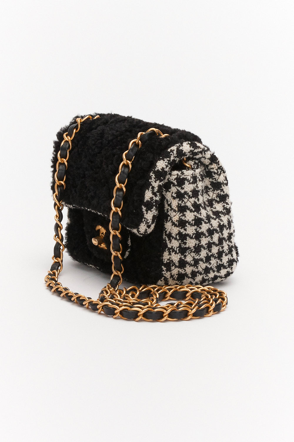 Chanel Mini Classic Single Flap Bag Square Black and White Tweed and Shearling Houndstooth with Antique Gold Hardware