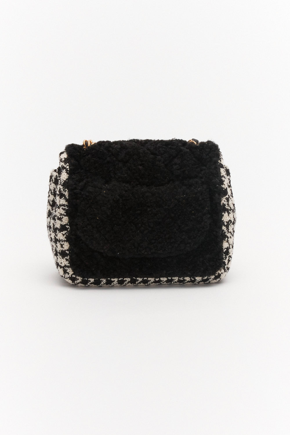 Chanel Mini Classic Single Flap Bag Square Black and White Tweed and Shearling Houndstooth with Antique Gold Hardware