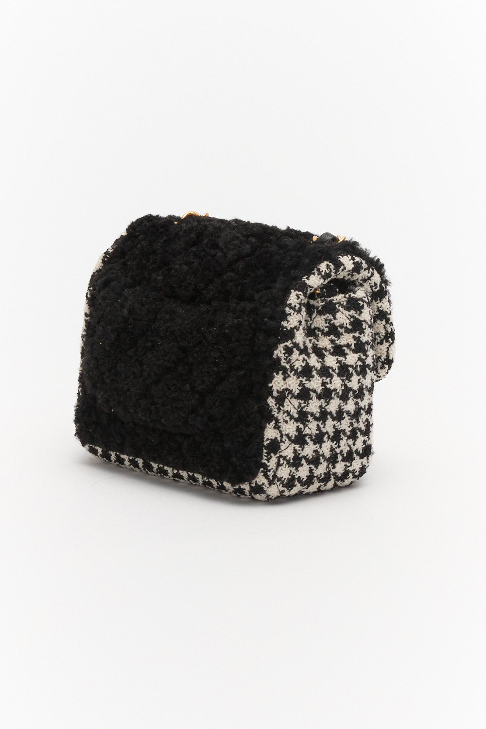 Chanel Mini Classic Single Flap Bag Square Black and White Tweed and Shearling Houndstooth with Antique Gold Hardware