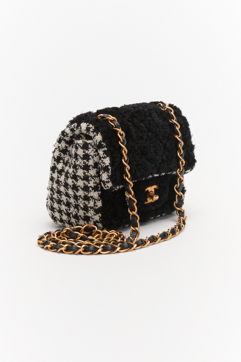 Chanel Mini Classic Single Flap Bag Square Black and White Tweed and Shearling Houndstooth with Antique Gold Hardware