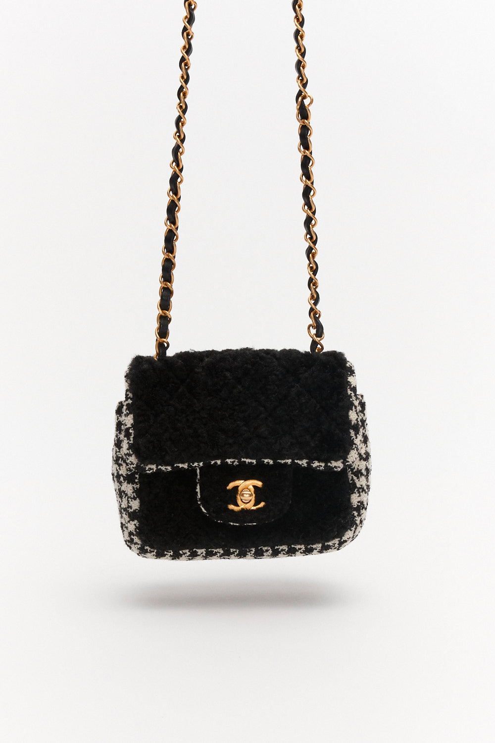 Chanel Mini Classic Single Flap Bag Square Black and White Tweed and Shearling Houndstooth with Antique Gold Hardware