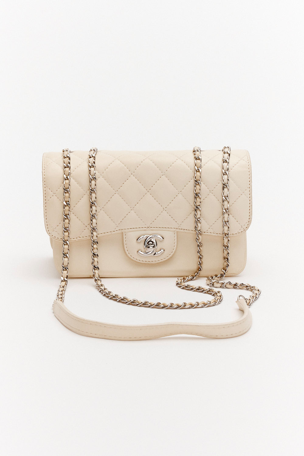 Chanel Small Off-White Timeless Bag in Lambskin Leather with Silver Hardware