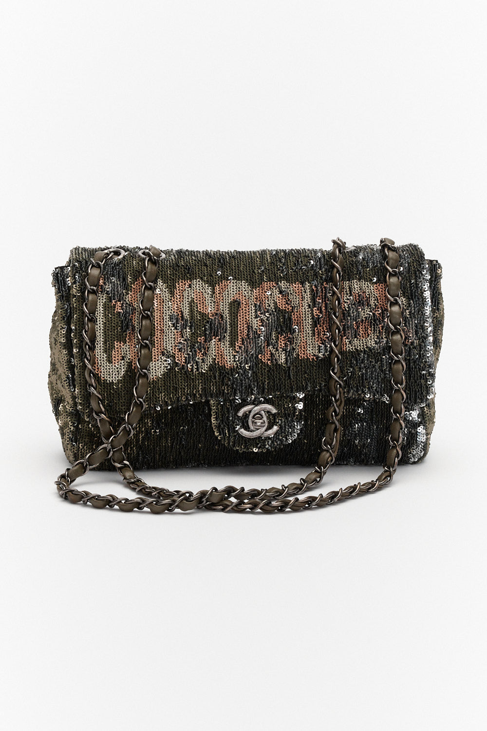 Chanel Medium Green and Black Coco Cuba Timeless Classic Single Flap Bag in Sequin with Silver Hardware