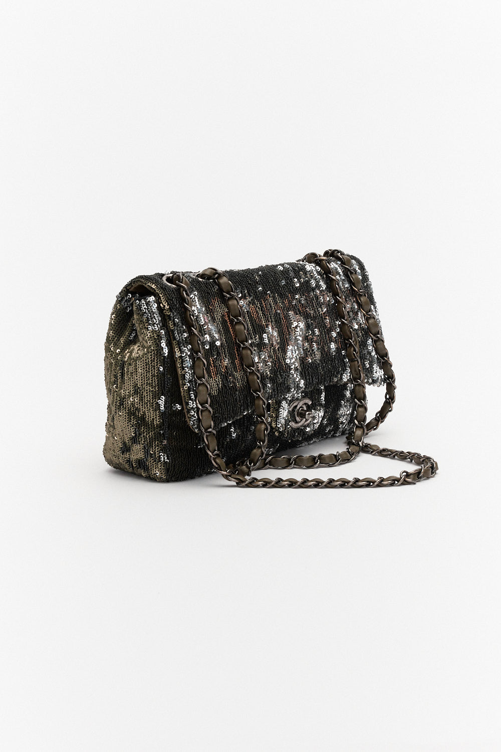 Chanel Medium Green and Black Coco Cuba Timeless Classic Single Flap Bag in Sequin with Silver Hardware