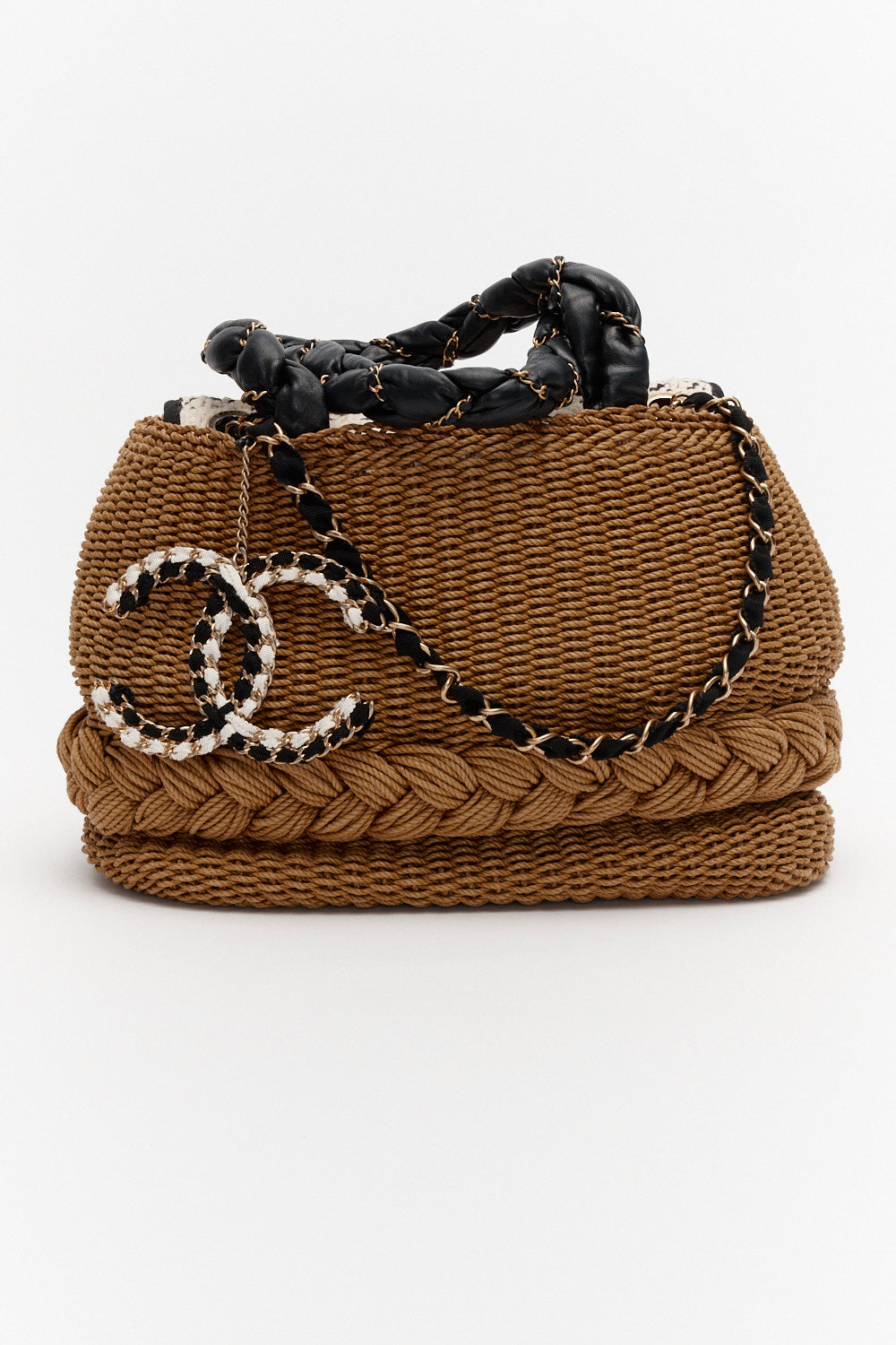 Chanel Woven Raffia Black Lambskin Braided Handle Country Tote