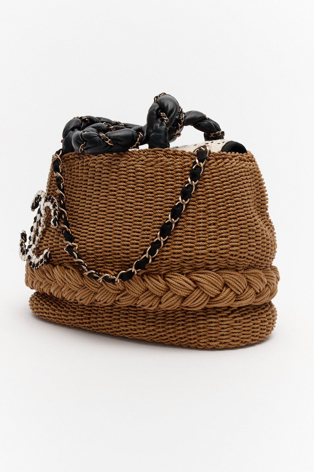 Chanel Woven Raffia Black Lambskin Braided Handle Country Tote