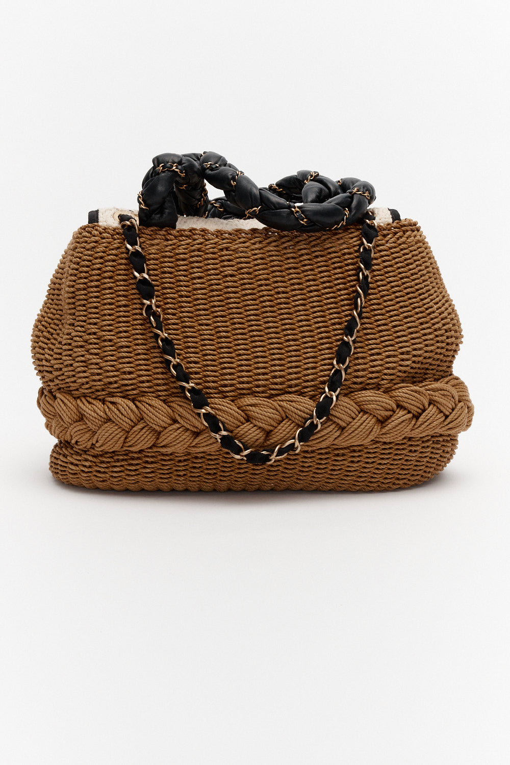 Chanel Woven Raffia Black Lambskin Braided Handle Country Tote