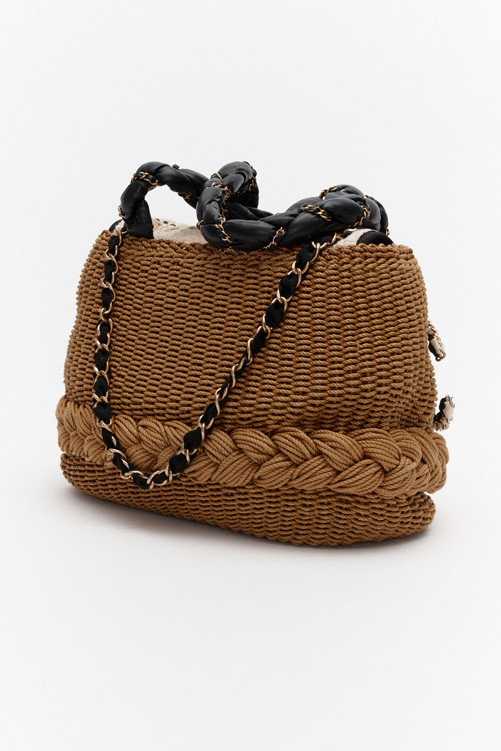 Chanel Woven Raffia Black Lambskin Braided Handle Country Tote