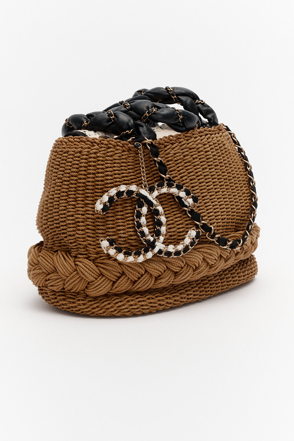 Chanel Woven Raffia Black Lambskin Braided Handle Country Tote