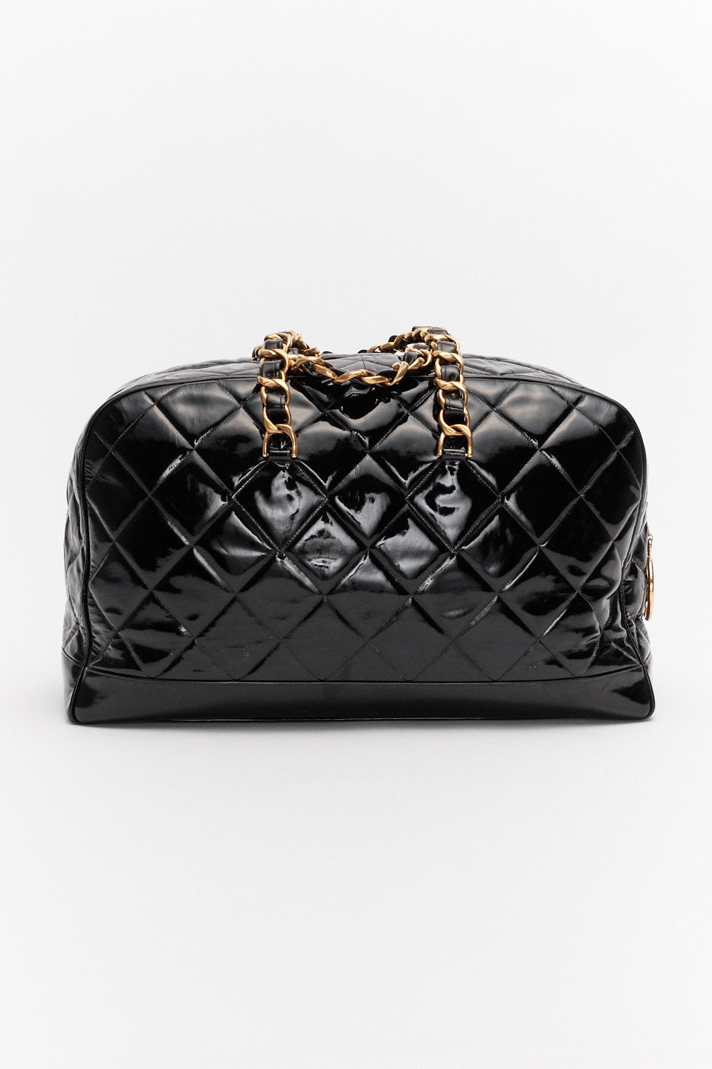 Chanel Vintage Black Quilted Patent Large Chunky Chain Bowler Travel Weekender Bag