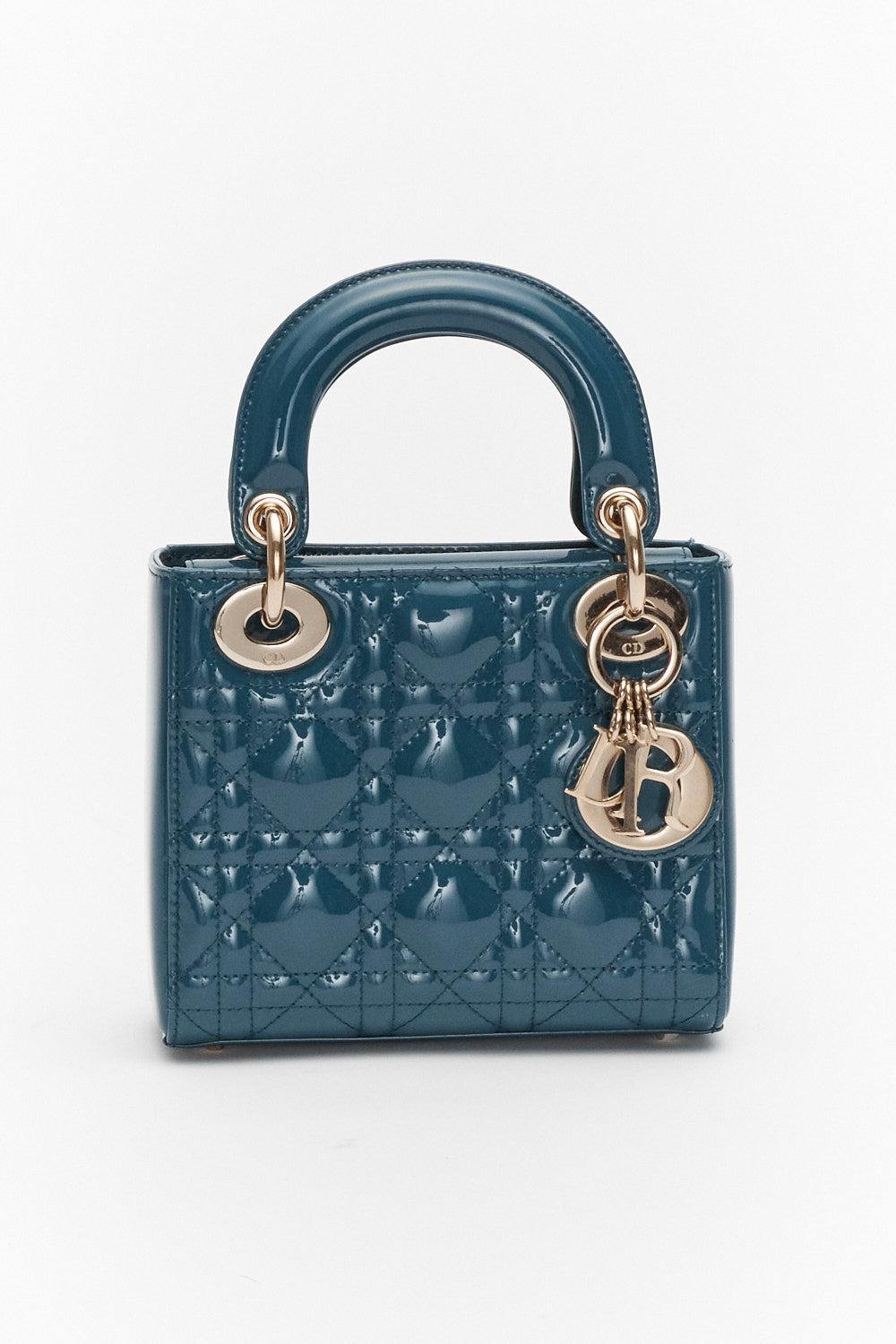 Christian Dior Mini Blue Cannage Lady Dior in Patent Leather with Gold Hardware