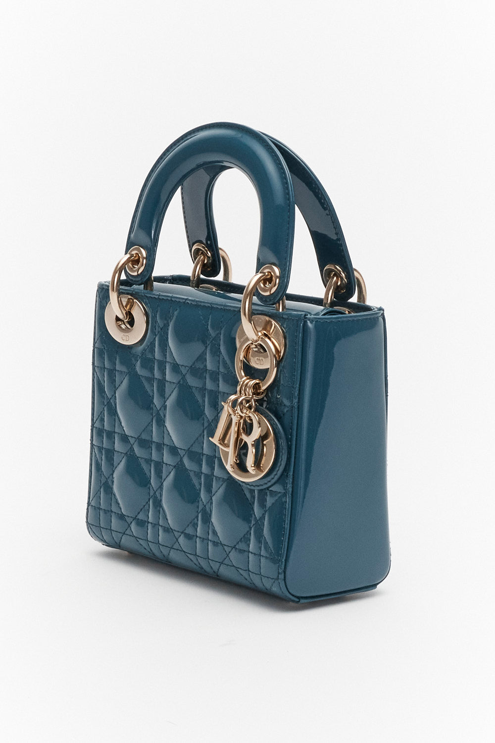 Christian Dior Mini Blue Cannage Lady Dior in Patent Leather with Gold Hardware