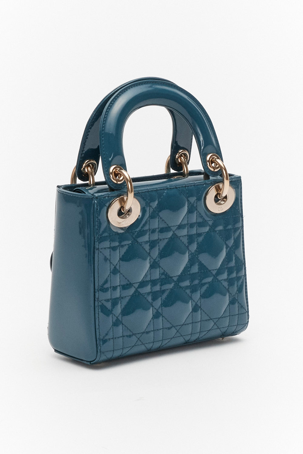 Christian Dior Mini Blue Cannage Lady Dior in Patent Leather with Gold Hardware