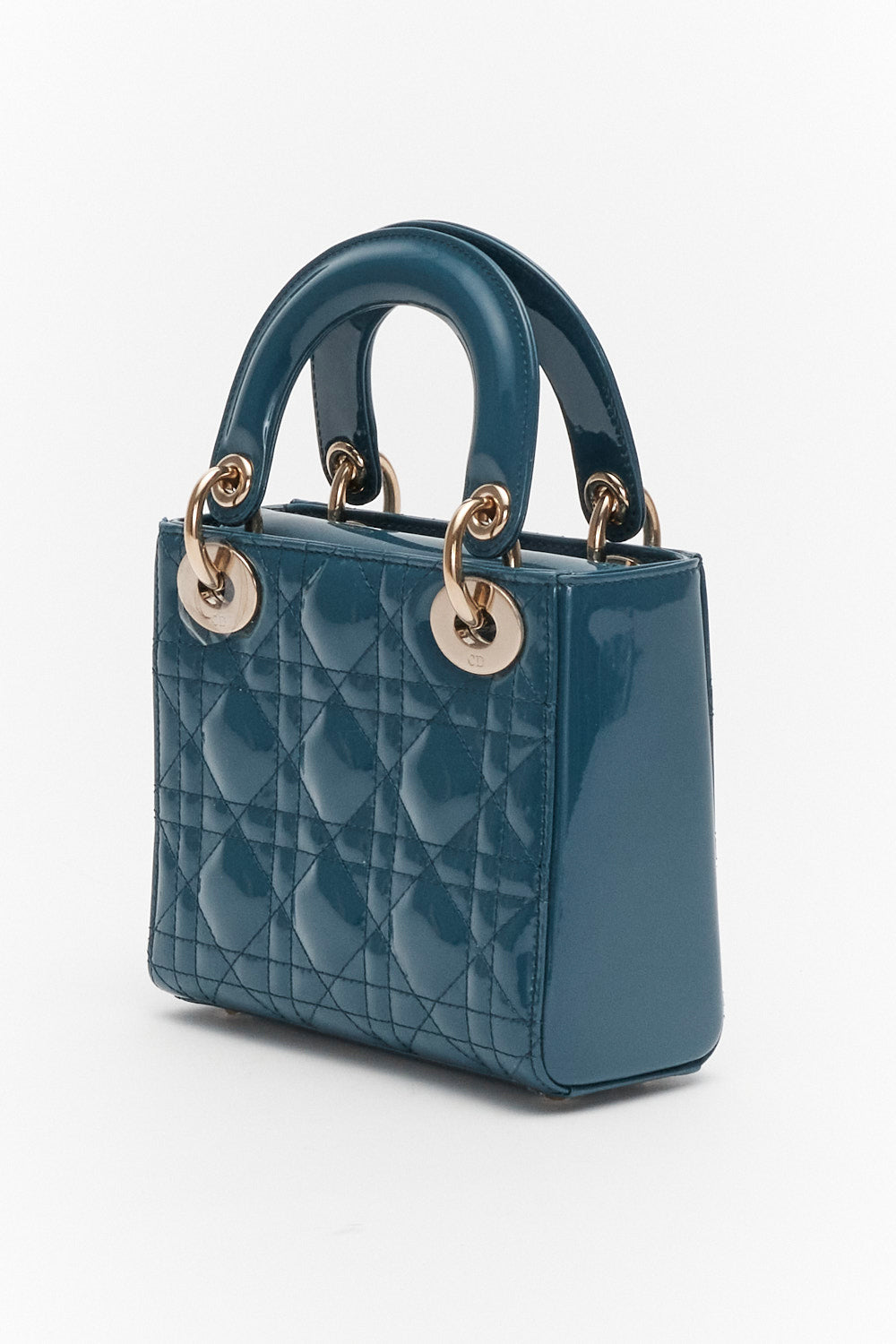 Christian Dior Mini Blue Cannage Lady Dior in Patent Leather with Gold Hardware