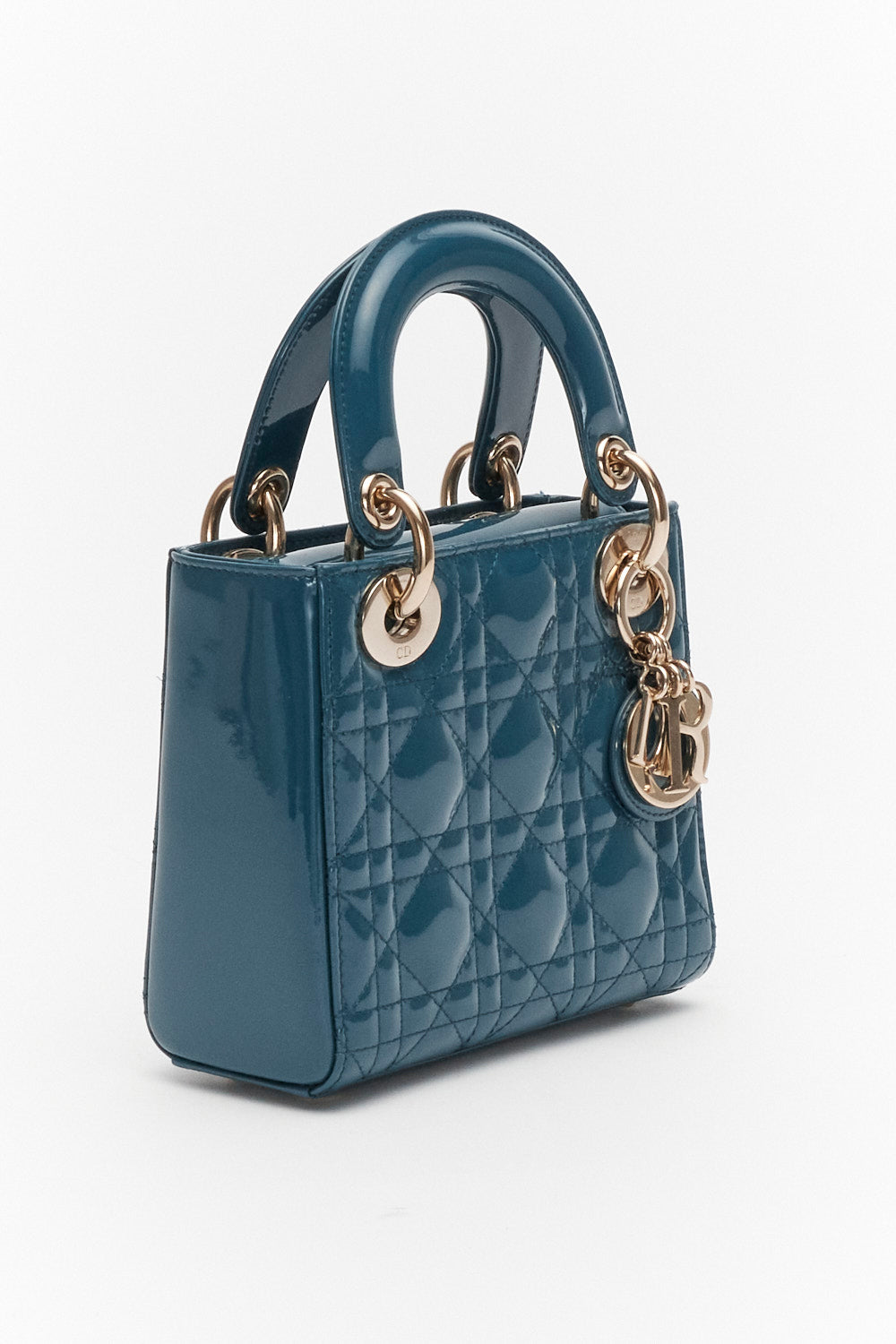 Christian Dior Mini Blue Cannage Lady Dior in Patent Leather with Gold Hardware