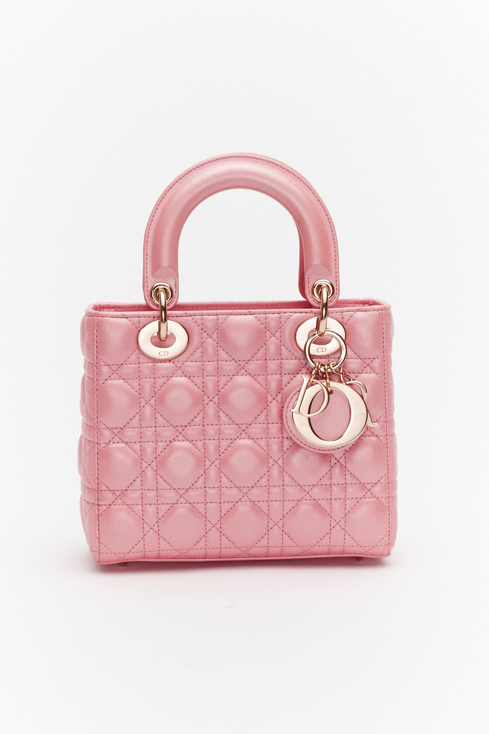 Christian Dior Small Pink Metallic Lady Dior Bag in Lambskin Leather with Gold Hardware