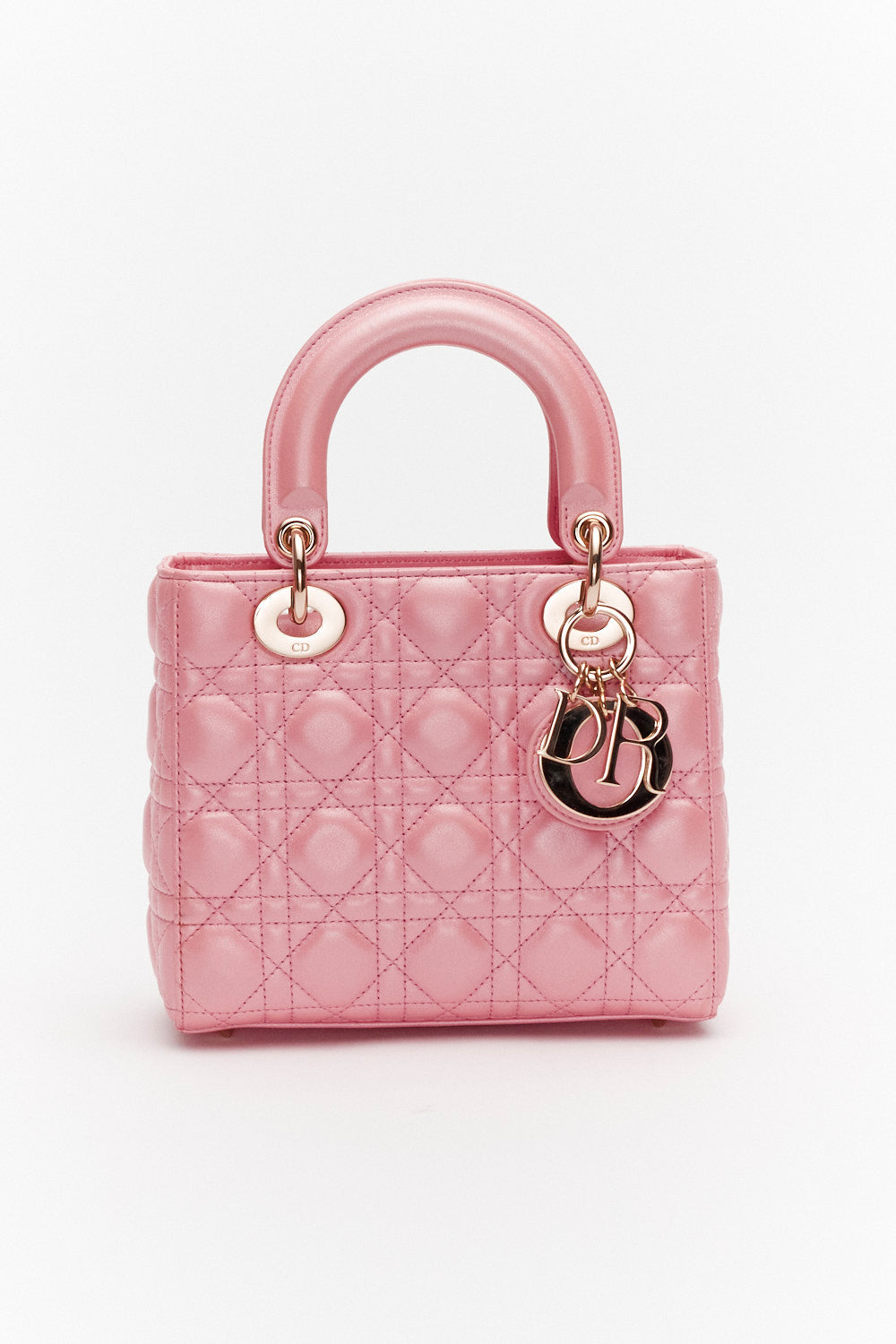 Christian Dior Small Pink Metallic Lady Dior Bag in Lambskin Leather with Gold Hardware