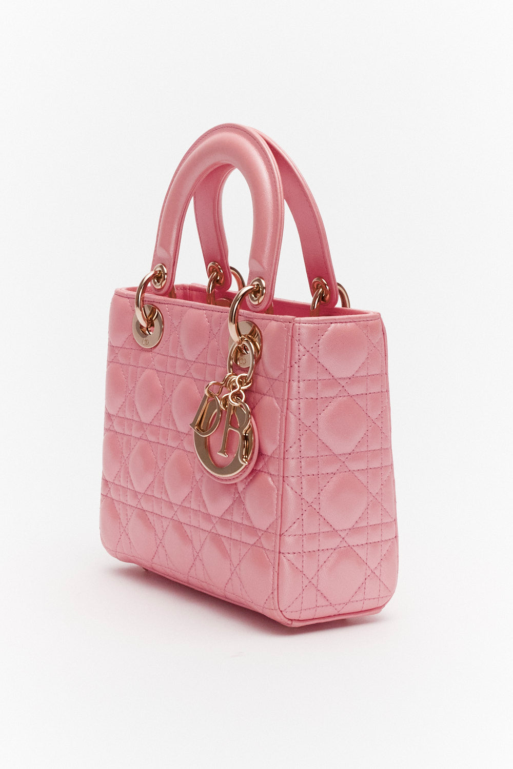 Christian Dior Small Pink Metallic Lady Dior Bag in Lambskin Leather with Gold Hardware