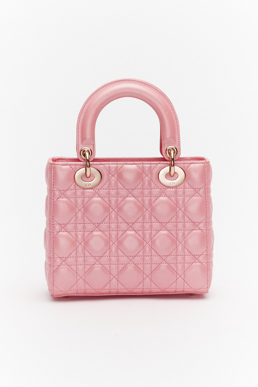 Christian Dior Small Pink Metallic Lady Dior Bag in Lambskin Leather with Gold Hardware