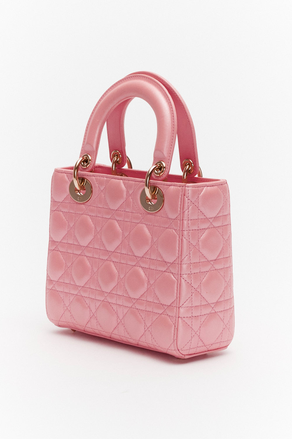 Christian Dior Small Pink Metallic Lady Dior Bag in Lambskin Leather with Gold Hardware