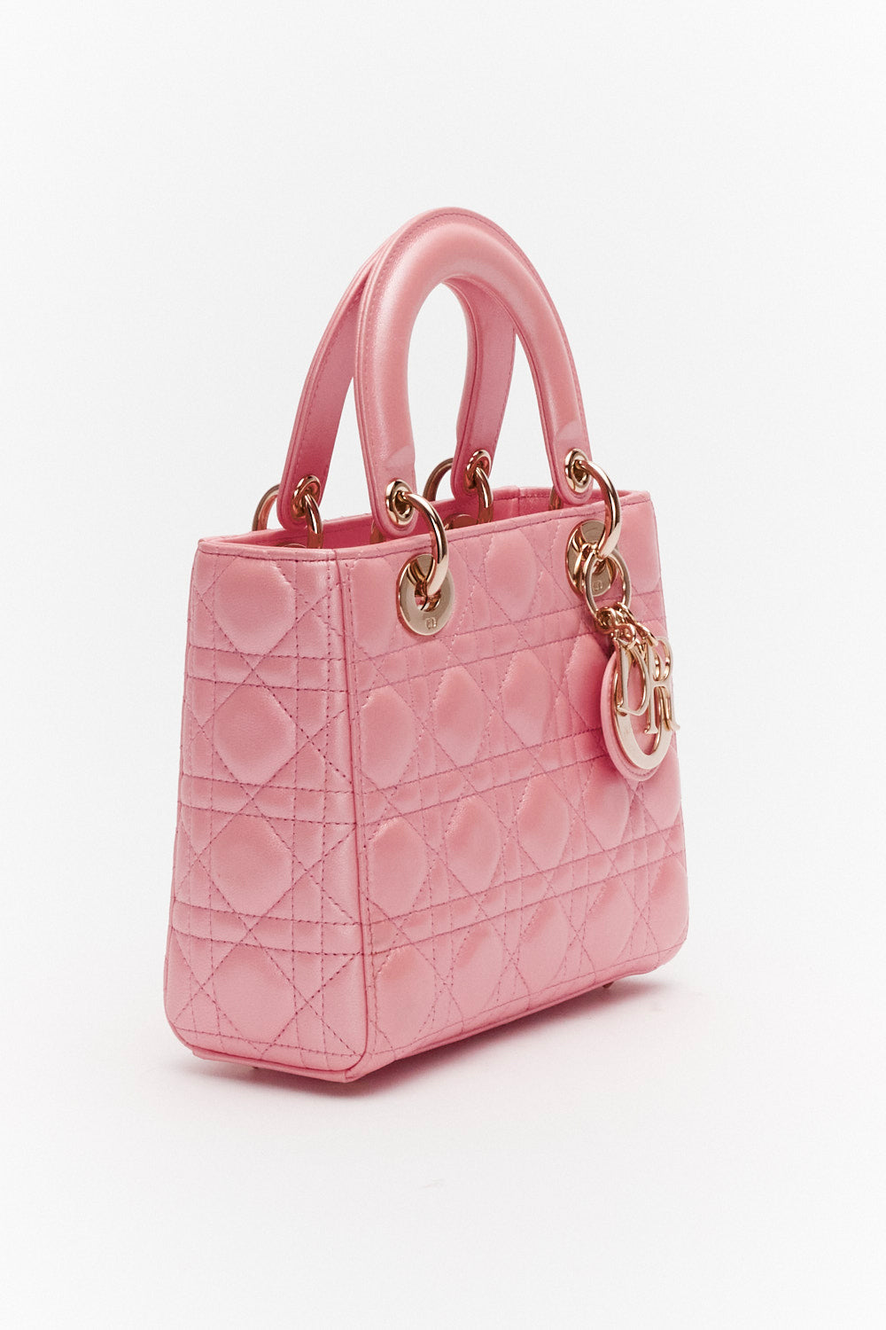 Christian Dior Small Pink Metallic Lady Dior Bag in Lambskin Leather with Gold Hardware