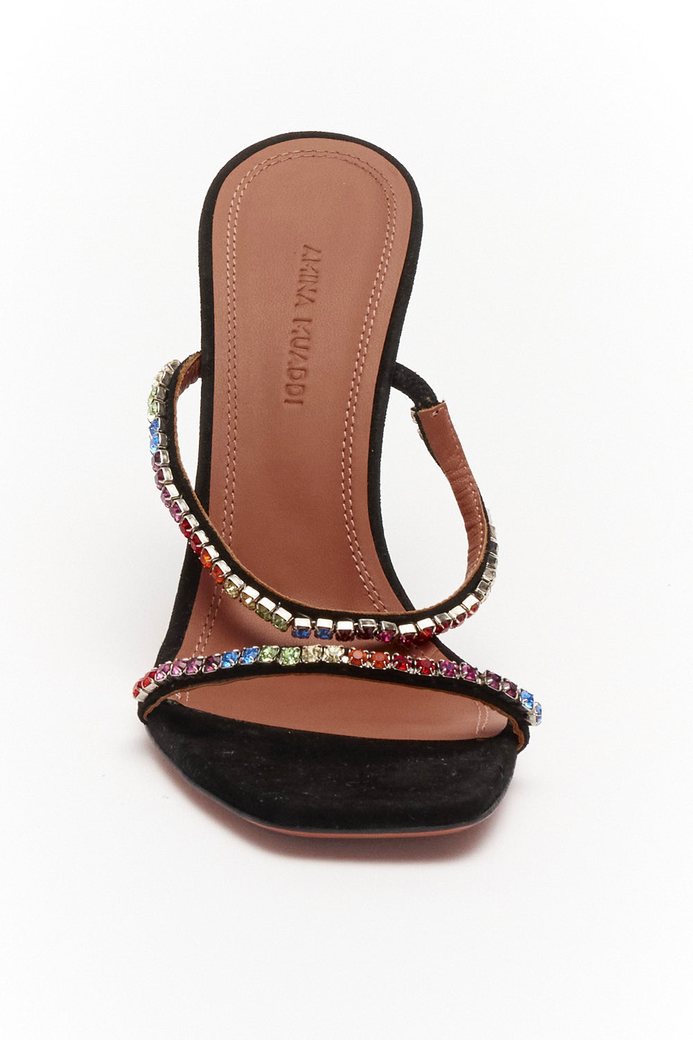 Amina Muaddi Black Suede Crystal Embellished Gilda Slide Sandals