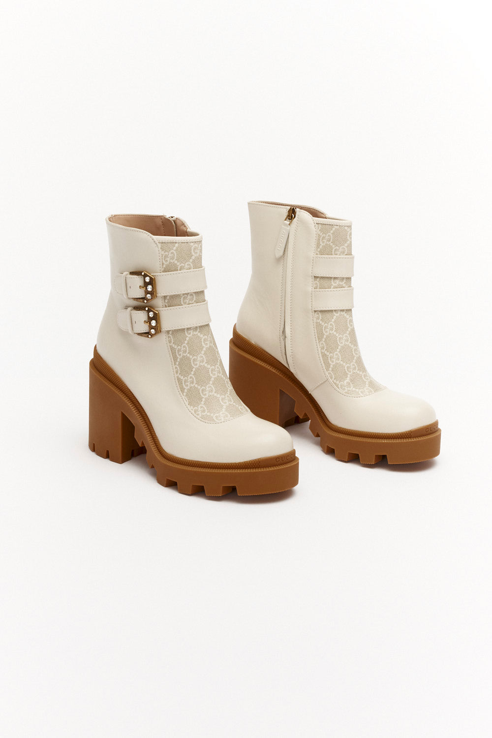 Gucci White Leather GG Supreme Canvas Crystal Buckle Boots