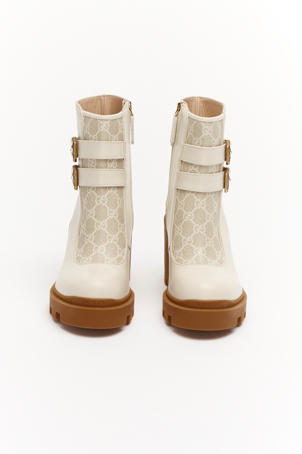 Gucci White Leather GG Supreme Canvas Crystal Buckle Boots