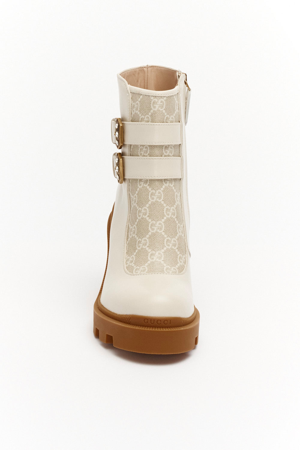 Gucci White Leather GG Supreme Canvas Crystal Buckle Boots