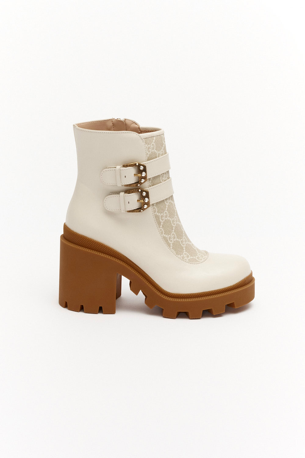 Gucci White Leather GG Supreme Canvas Crystal Buckle Boots