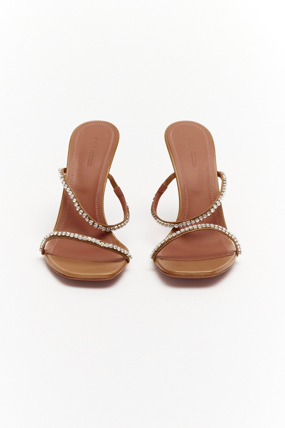 Amina Muaddi Brown Satin Crystal Embellished Gilda Sandals