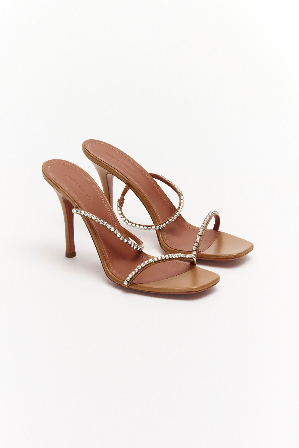 Amina Muaddi Brown Satin Crystal Embellished Gilda Sandals