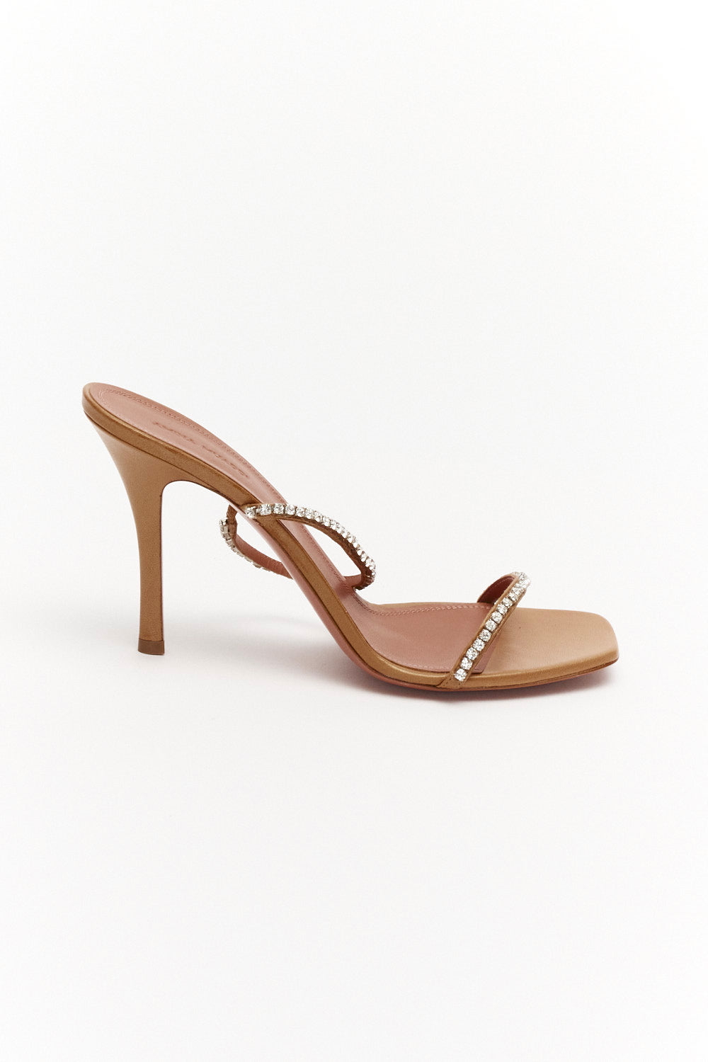 Amina Muaddi Brown Satin Crystal Embellished Gilda Sandals