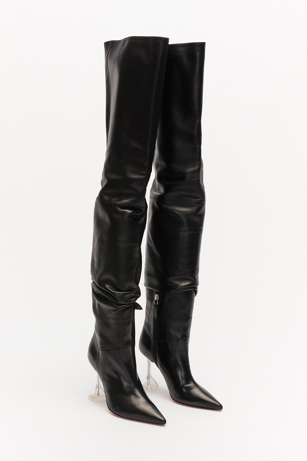 Amina Muaddi Olivia Black Leather Over The Knee Boots