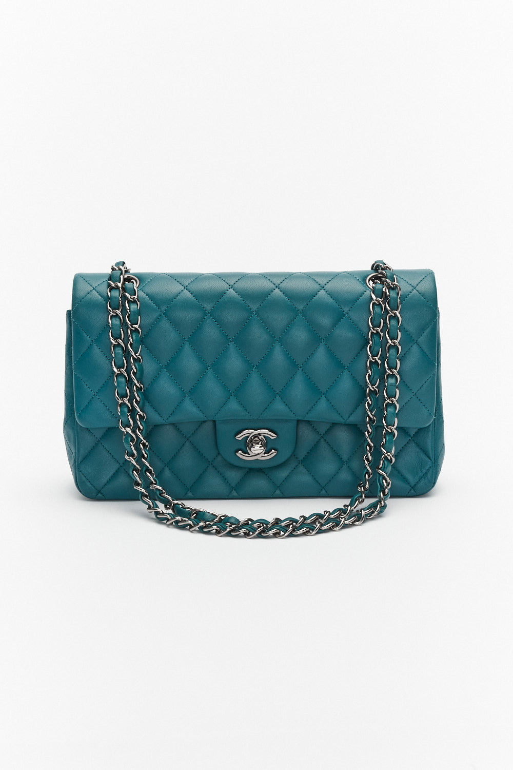 Chanel Medium Teal Classic Double Flap Bag in Lambskin Leather with Silver Hardware